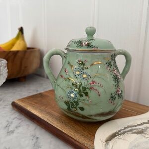 Vintage hand painted floral Japanese celadon sugar bowl